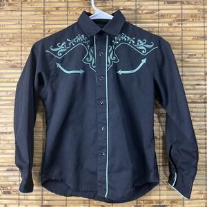 Roper Vtg Western Pearl Snap Shirt Youth 10-11 Black Turquoise Embroidered Rodeo